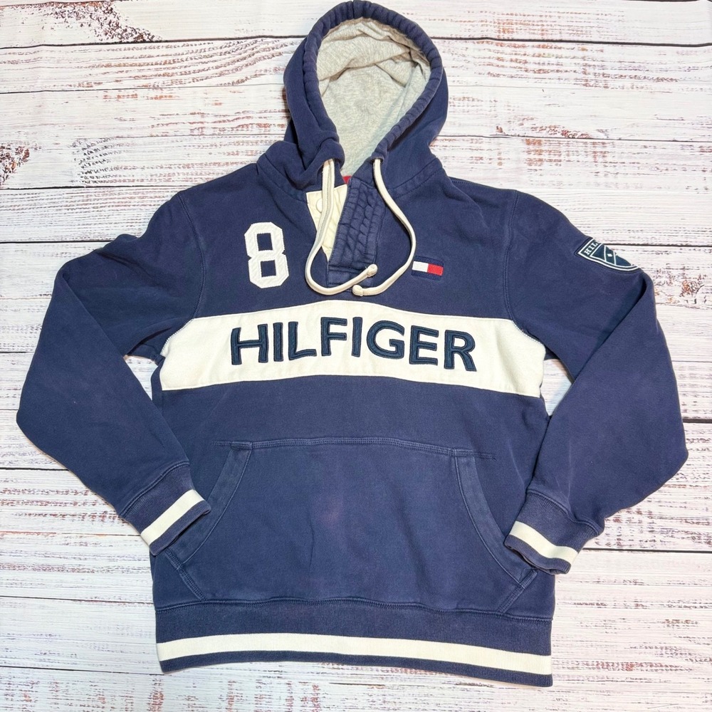 Tommy Hilfiger rugby Hoodie XS Navy Blue White Logo Pullover Sweatshirt Mens